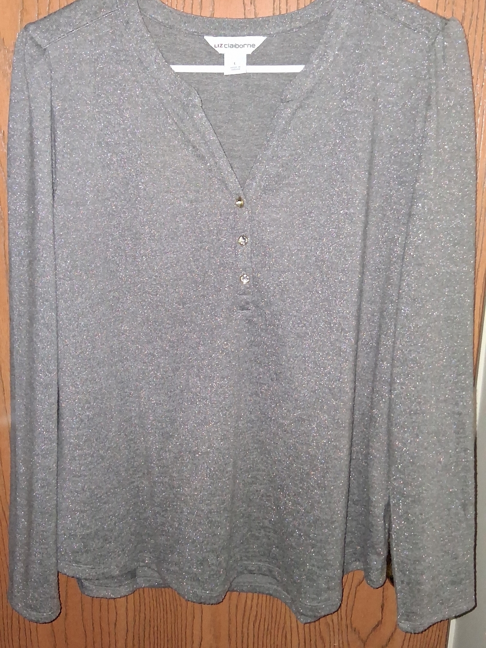 Liz Claiborne Metallic Gray V-Neck Henley Top